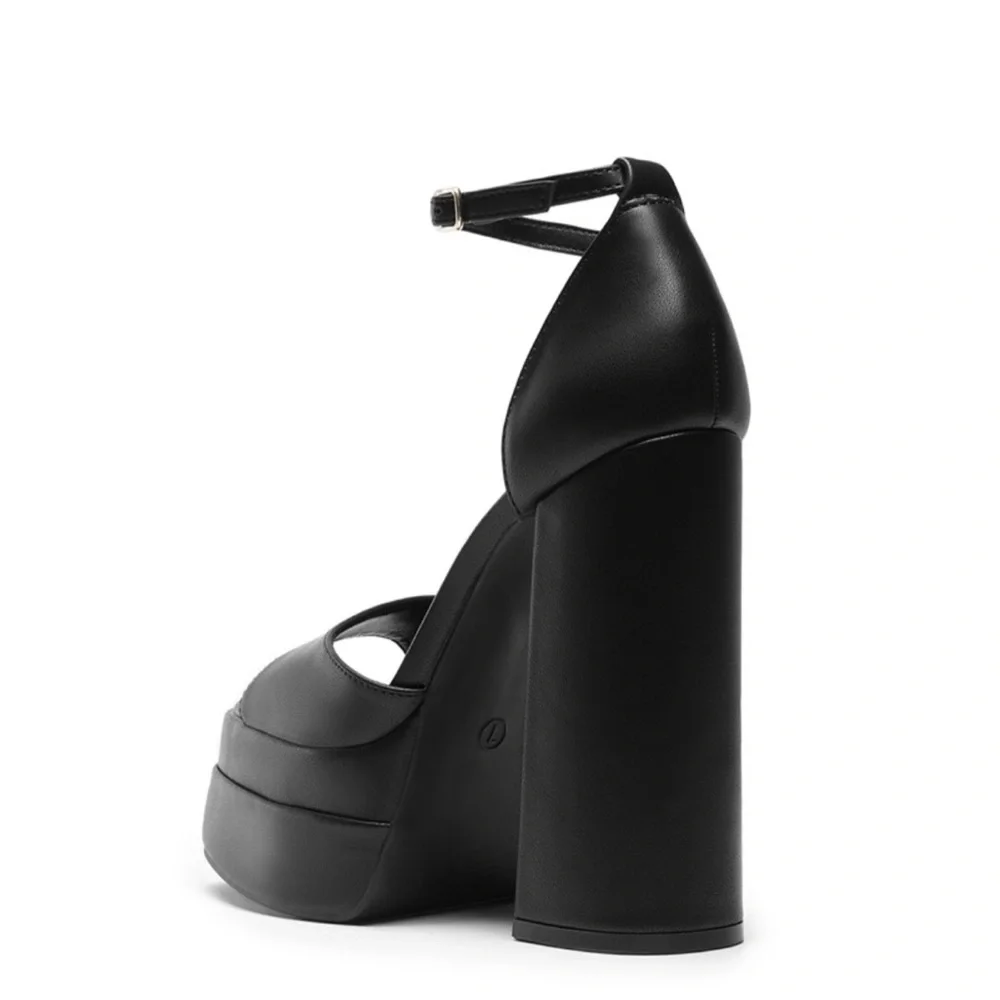 Olivia Ferragamo Black Square Peep Toe Platform Chunky Heel with Ankle Strap 7